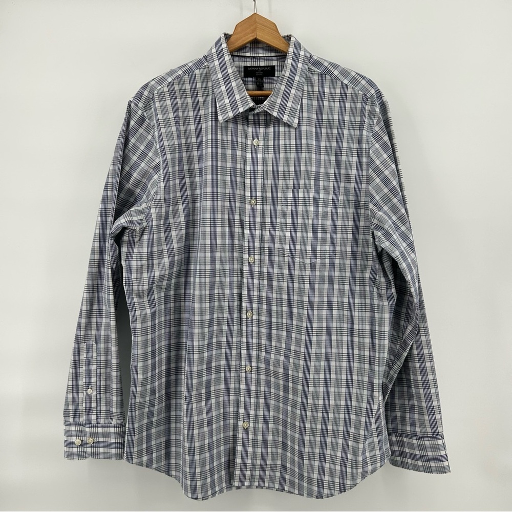 Banana Republic Shirt Mens XL Slim Fit Gray Plaid Long Sleeve Button Up Classic